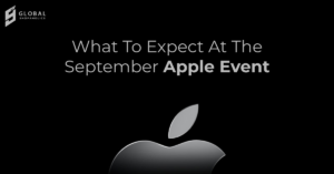 Apple event showcasing new products with GlobalShopaholics USA package forwarding and international shipping options.
