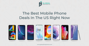 Smartphone displaying GlobalShopaholics blog on package forwarding, international shipping, USA address, and parcel consol...