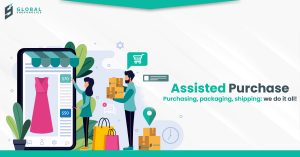 Assisted purchase process illustrating package forwarding, USA address use, and parcel consolidation for international shi...