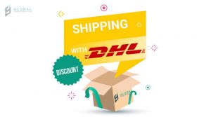 DHL shipping box with discount tag highlighting package forwarding, USA address, international shipping, and parcel consol...