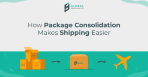 Workspace with computer displaying package forwarding dashboard for USA address and international shipping parcel consolid...