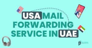 Workspace with computer and packages illustrating package forwarding, international shipping, USA address, and parcel cons...
