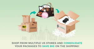 Person organizing parcels at a desk showcasing package forwarding, USA address, parcel consolidation, and international sh...