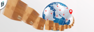 Stacked parcels labeled for package forwarding and international shipping with USA address and parcel consolidation services.