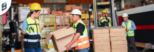 Package forwarding process showing parcels labeled for international shipping with USA address and parcel consolidation st...