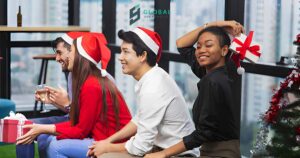 Christmas gifts for coworkers stacked with gift wrap, showcasing package forwarding, USA address, and international shippi...