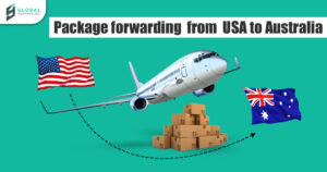 Package forwarding service showing parcel consolidation at USA address for international shipping to Australia.