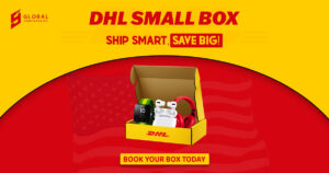 DHL branded small shipping box used for international package forwarding and USA shipping services at GlobalShopaholics.