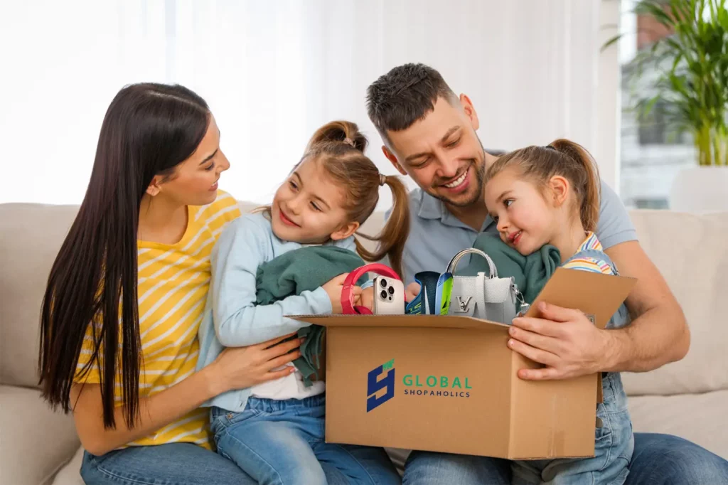 Family receiving a package from Global Shopaholics