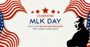 MLK Day Discounts banner promoting USA package forwarding and international shipping deals on GlobalShopaholics.com