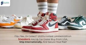 Limited-edition sneakers ready for international shipping with GlobalShopaholics USA package forwarding service.