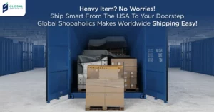 Heavy package being securely packed for international shipping with Global Shopaholics forwarding service.