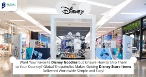 Assortment of Disney Store items ready for USA package forwarding and international shipping with GlobalShopaholics.