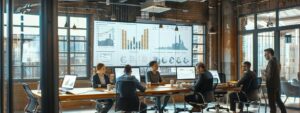 a bustling urban logistics office, featuring a sleek conference table with shipping charts and graphs displayed on a large screen, while a diverse team of professionals analyzes strategies to maximize savings on shipping costs to italy.