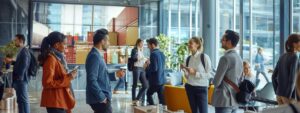 a bustling urban office space filled with diverse professionals animatedly discussing logistics and shipping solutions, highlighted by a large digital screen displaying promotional text for affordable shipping to italy.