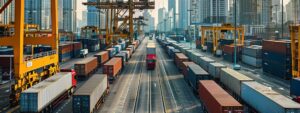 a bustling urban shipping hub showcases sleek trucks and cargo containers against a backdrop of skyscrapers, emphasizing fast, affordable logistics from the usa to italy for businesses and individuals.
