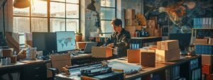 a bustling office environment features a focused professional preparing an international shipping package, surrounded by organized shipping supplies and a world map highlighting india, symbolizing the process of fast and efficient package delivery.
