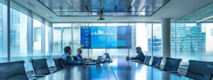 a sleek, modern office space features a large digital screen displaying a dynamic comparison of shipping rates from the usa to india, while engaged professionals analyze options around a polished conference table.