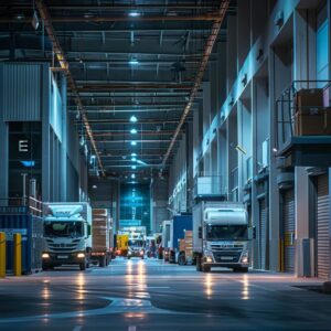 a vibrant urban scene showcasing a modern logistics center in saudi arabia, featuring sleek delivery vehicles and professional staff efficiently managing packages, all under bright indoor lighting that highlights the bustling activity of reliable shop and ship services.