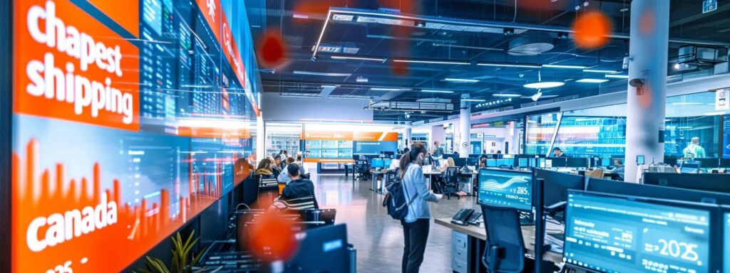 a modern logistics office bustling with activity, featuring bright displays of shipping rates on large digital screens, highlighting a vibrant banner that reads "cheapest shipping to canada - 2025" in bold, eye-catching typography.