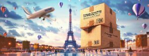 Create a an image which should be attractive and eye catching about "package forwarding from USA to France"
