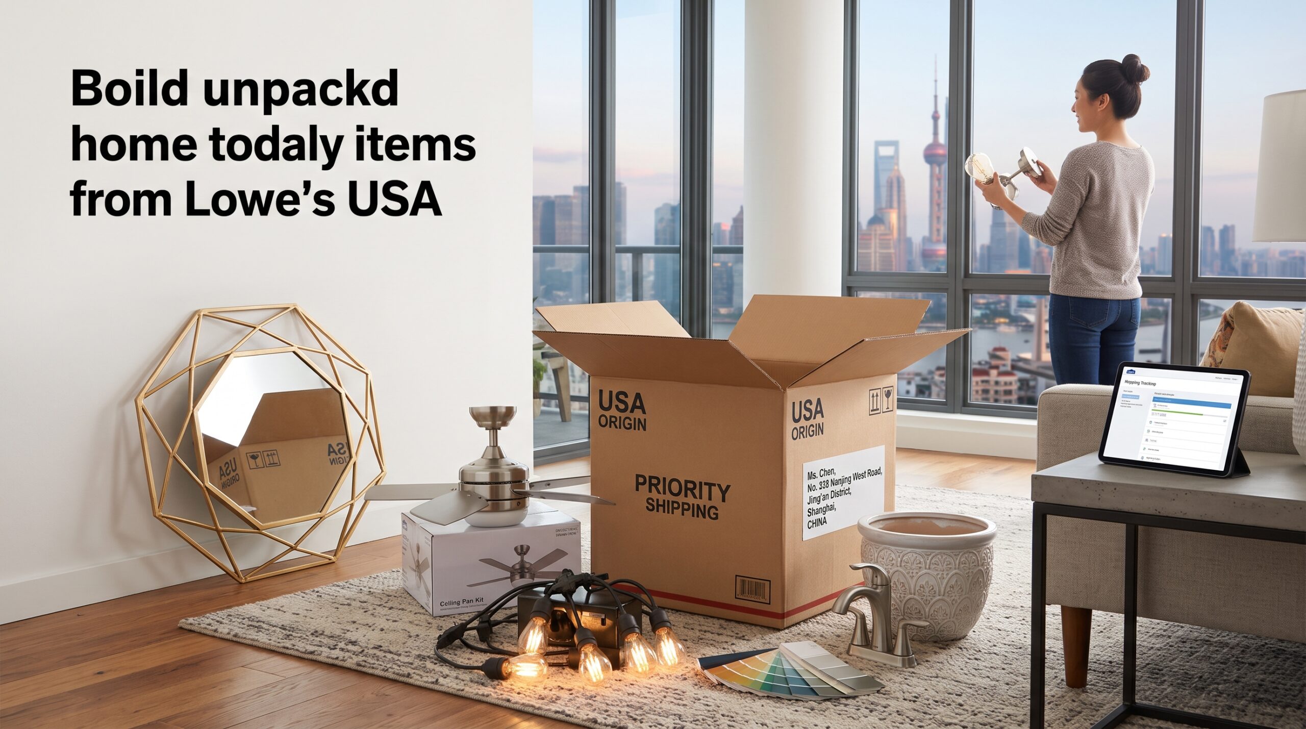 Illustration of shopping from Lowe's USA and using package forwarding for international shipping