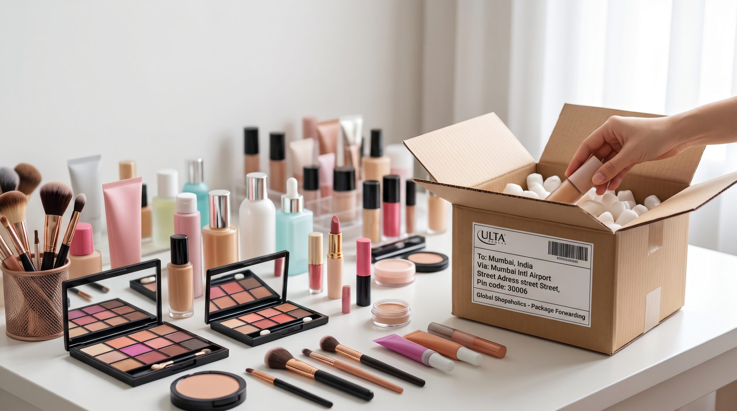 Ulta Beauty products with international shipping boxes ready for delivery to India